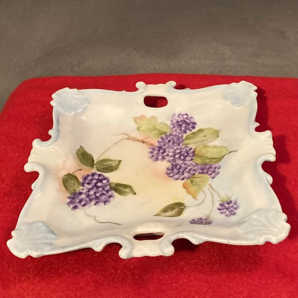 VTG 1977 Handpainted Square China Plate w/Handles-Signed-Purple Florals-8